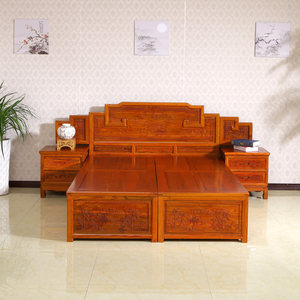 实木双人床婚床家具古典雕花床1.5 1.8米卧室家具南榆木仿古中式